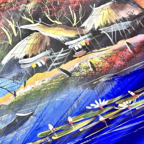 60 x 35 VTG Large Asian Fan Hanging Wall Décor HandPainted Village Mountain Lake - Picture 12 of 13